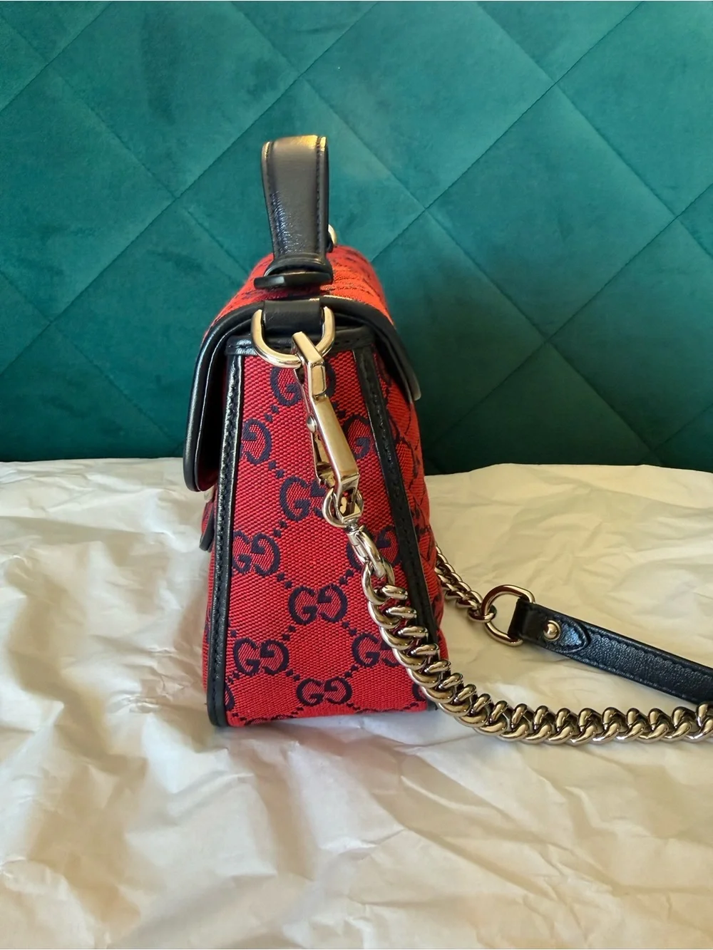 Gucci Red GG Marmont Top Handle Satchel with Black Trim